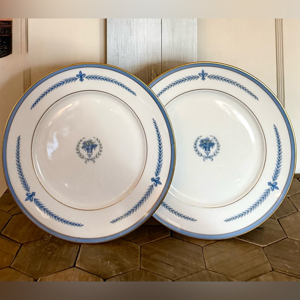 Vintage Set/2 Lamberton Ivory China, “Puritan” Dinner Plates,Fleur de Lis,10.38”